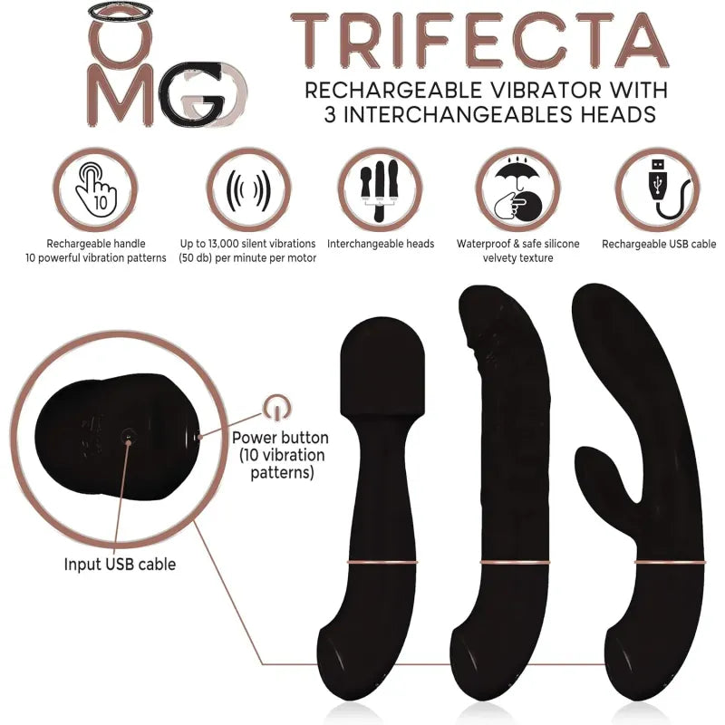 Ensemble de vibrateur 3 en 1 - OMG Trifecta | 3 Embouts & Rechargeable OMG Sensations plus