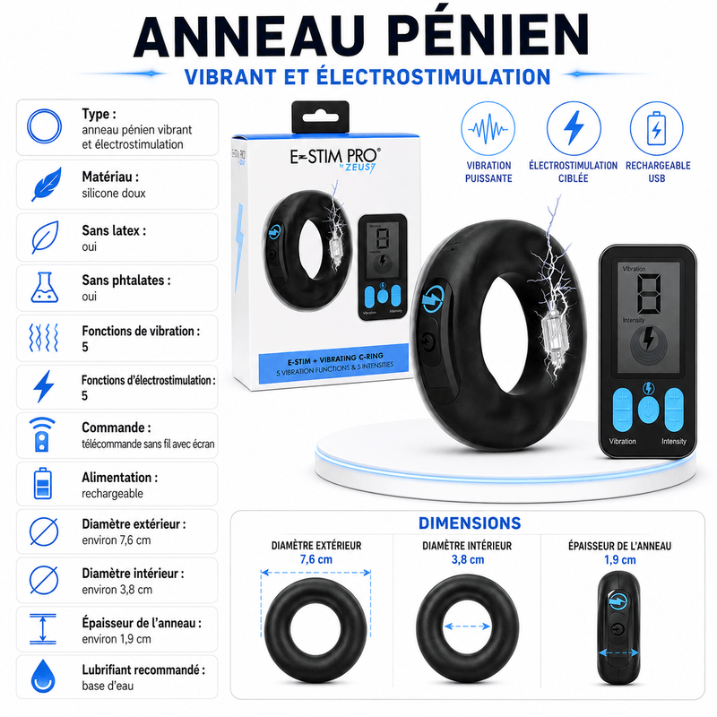 Anneau Vibrant & Électrostimulation - Zeus E-Stim Pro | Contrôle Sans Fil Zeus Sensations plus