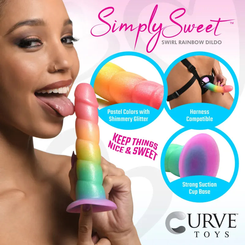 Dildo en silicone 6,6 po - Swirl Rainbow Simply Sweet | Base Ventouse Simply Sweet Sensations plus