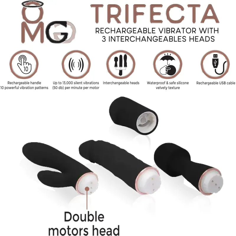 Ensemble de vibrateur 3 en 1 - OMG Trifecta | 3 Embouts & Rechargeable OMG Sensations plus