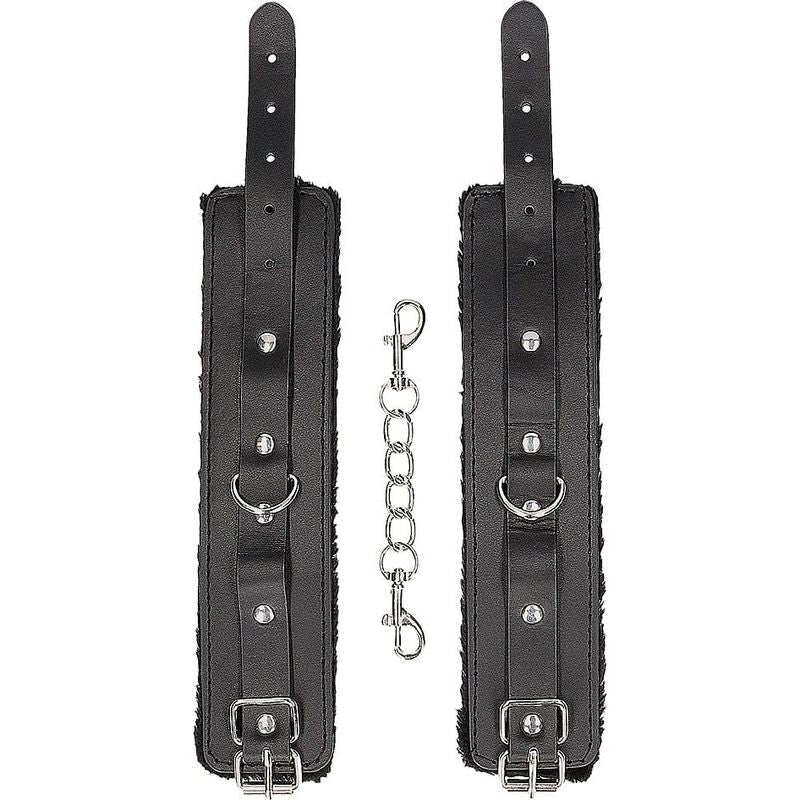 Menottes BDSM peluche noir en cuir reconstitué – OUCH! avec sangles Ouch! B&W Sensations plus