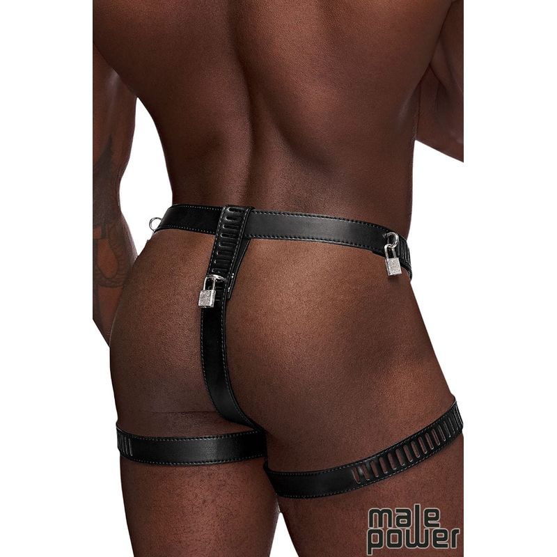 Sous-vêtement pour Homme - Male Power - Scorpio PU Leather Padlock Thong Male Power Sensations plus