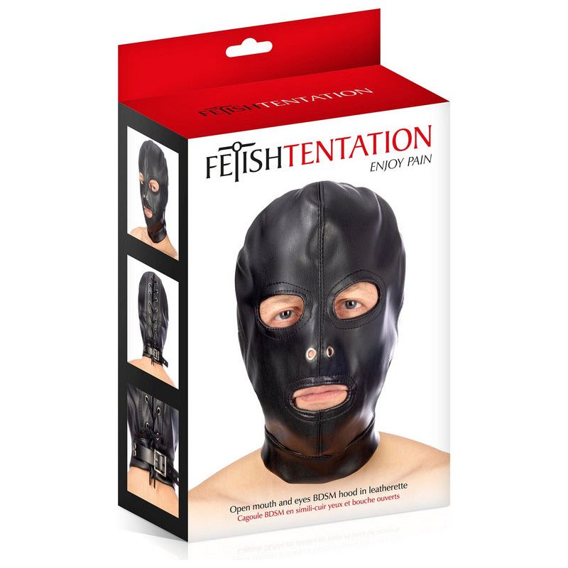 Masque BDSM - FetishTentation - Cagoule en Simili-cuir yeux et bouche ouverts FetishTentation Sensations plus